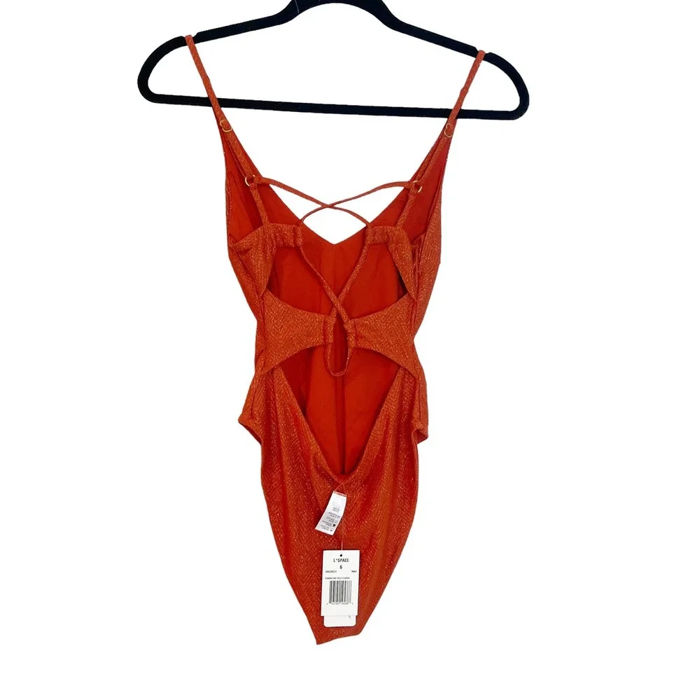 L Space Ribbed One Piece Gianna Classic Swimsuit V Neck Red Women's Size 6 NWT